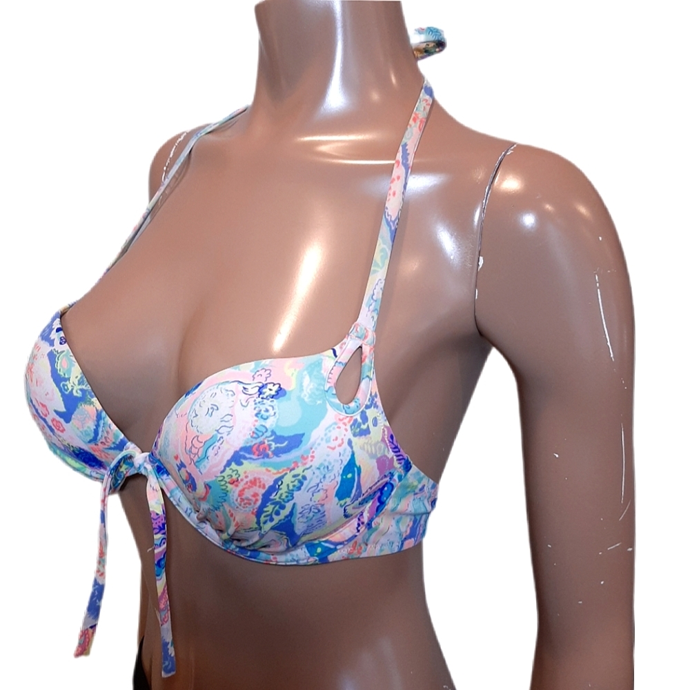 VICTORIAS SECRET Neon Paisley Bombshell Bikini Top Halter Push Up Colorful